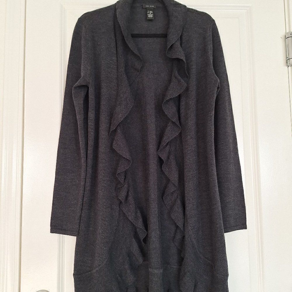 Only Mine‎ Long Open Front Ruffle Trim Cardigan 50%  Merino Wool Size M